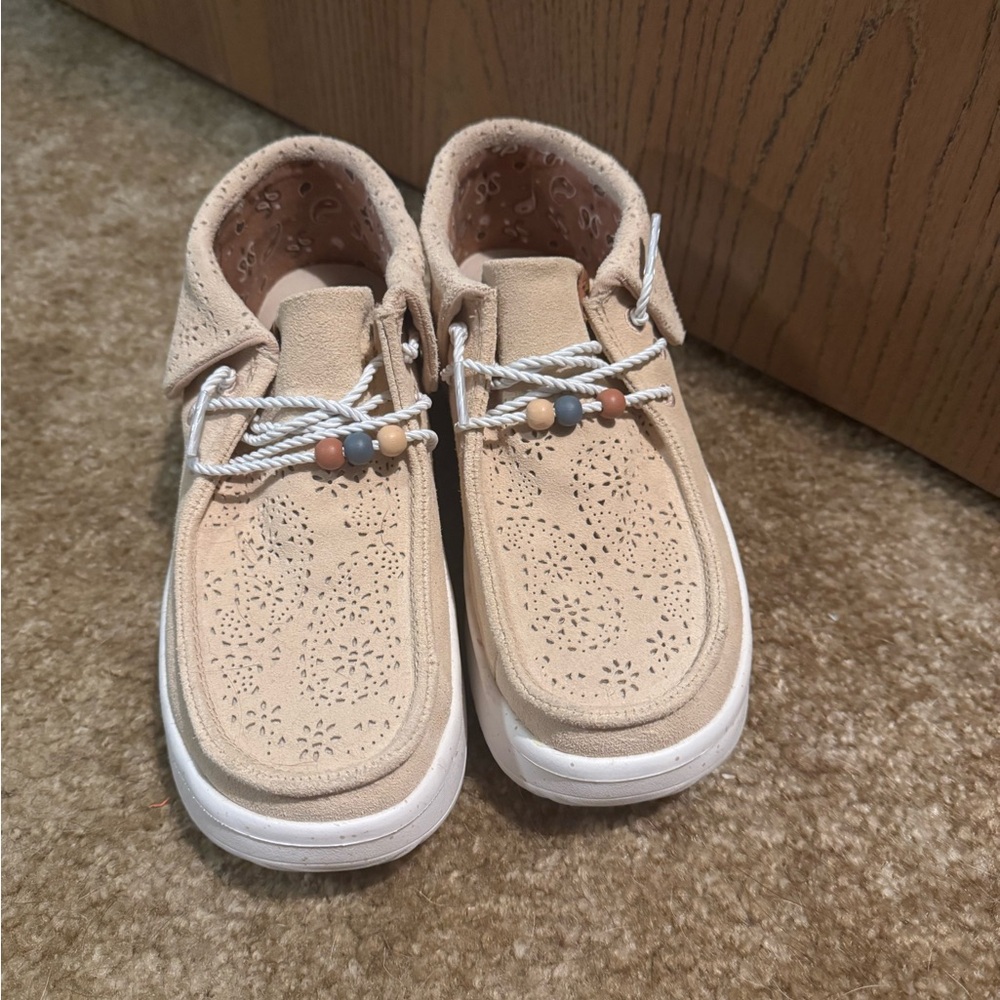 Hey Dude Tan and White Moccasins with Elastic Goring